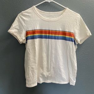 white tee with colored striped